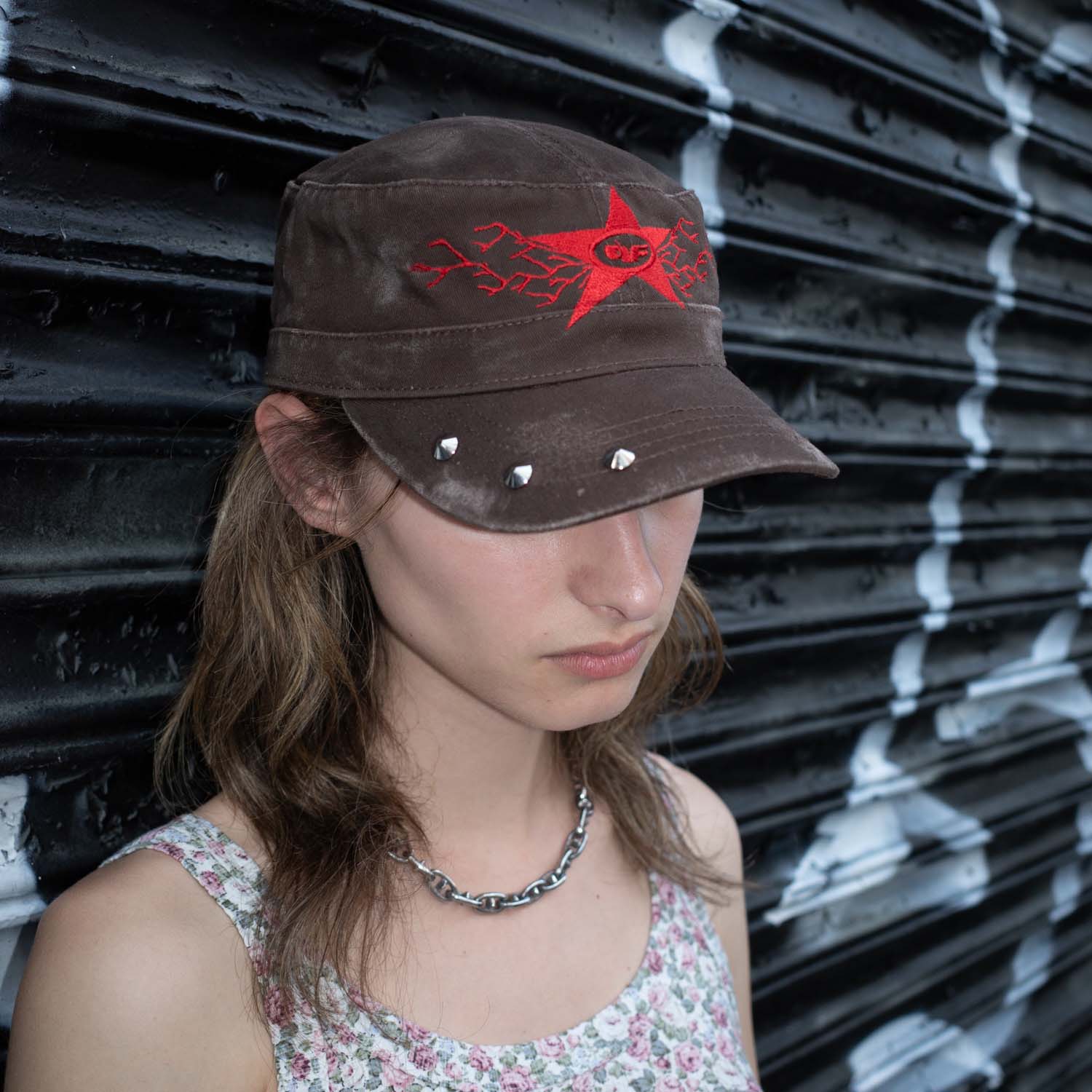 Comrade Hat - Brown / Red Hat Personal Fears Personal Fears Comrade Hat - Brown / Red - Distressed with Studs