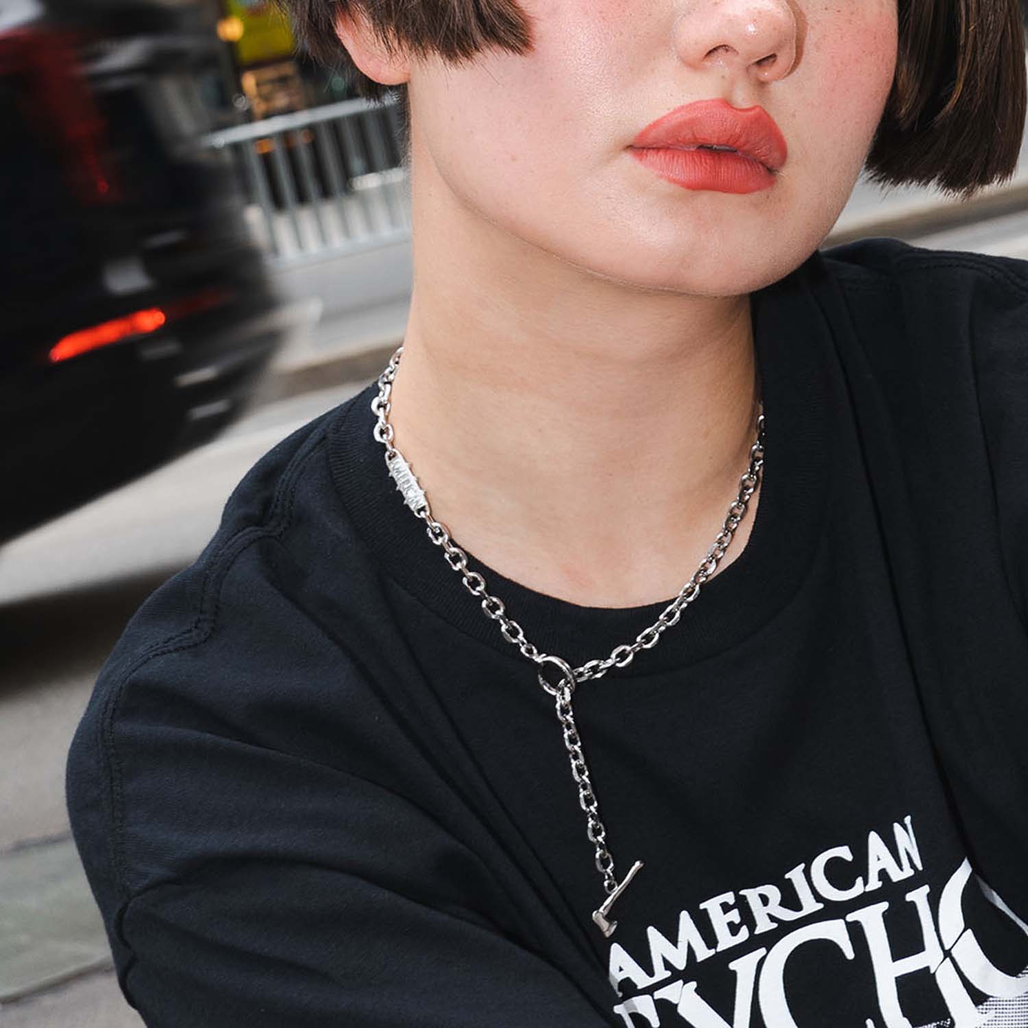 Personal Fears X American Psycho Axe Chain Necklace in Stainless Steel on body