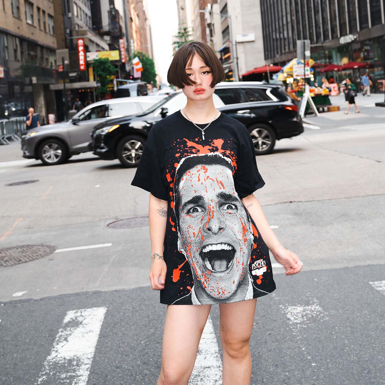 American Psycho Blood T-shirt by Personal Fears. On Model featuring Patrick Bateman.