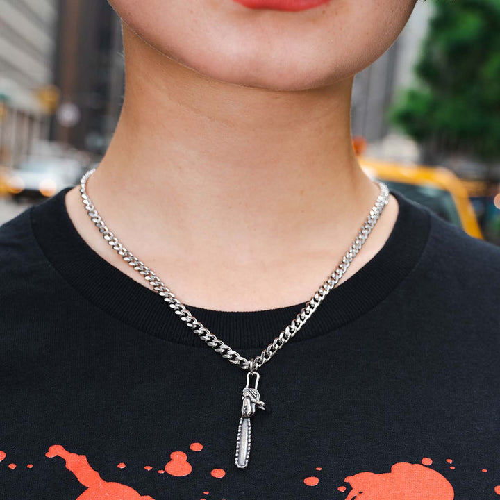 Personal Fears X American Psycho Chain Saw Necklace in Stainless Steel on Body