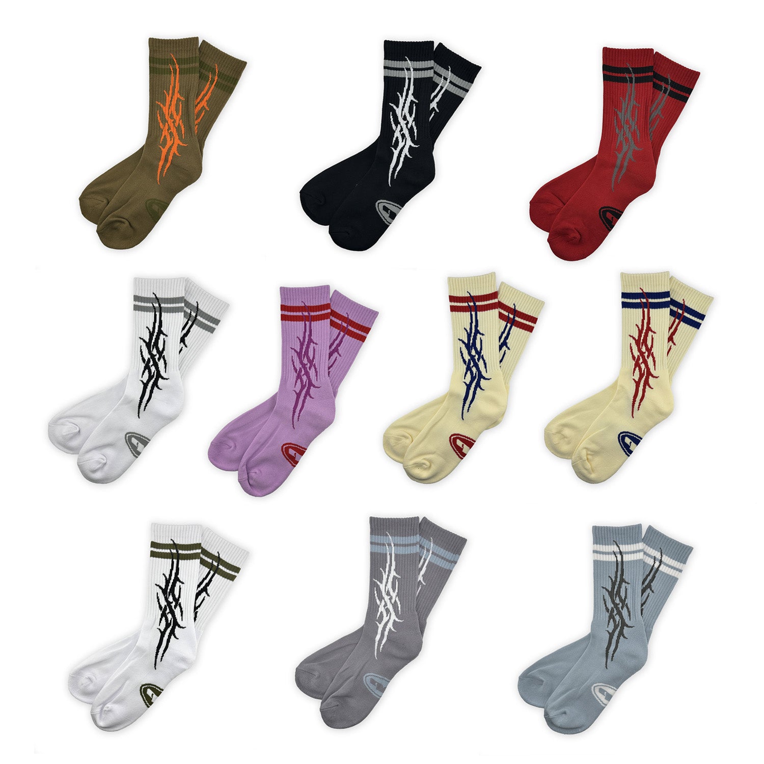 Collection of various socks with different designs and colors on a white background