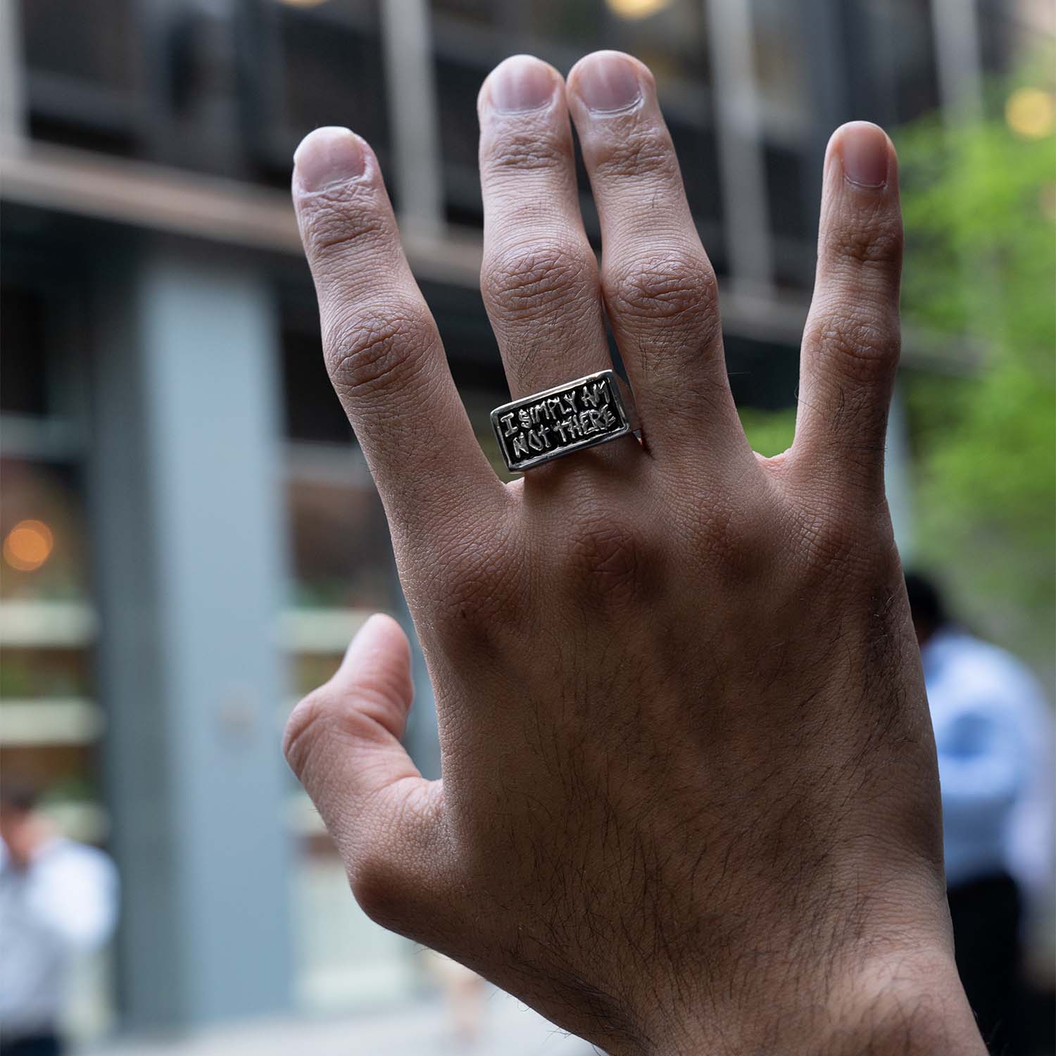Personal Fears X American Psycho Not There Ring in Stainless Steel on hand