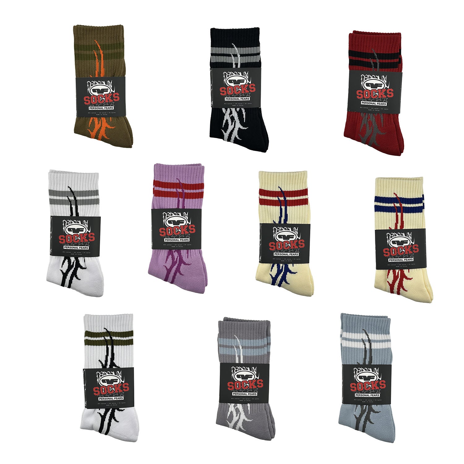 Collection of socks with various designs and colors on a white background