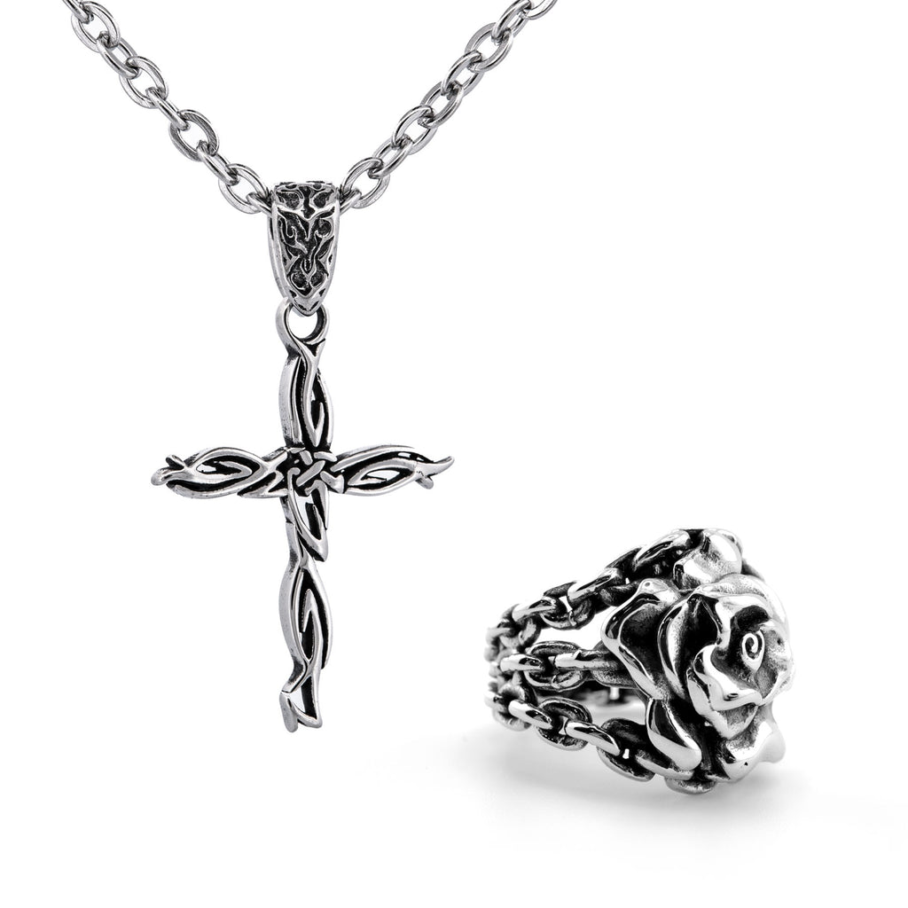 Tribal Cross & Rose in Chains Ring