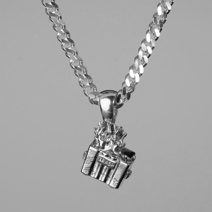 Personal Fears Dumpster Fire Pendant on Sterling Silver 5mm Cuban Chain