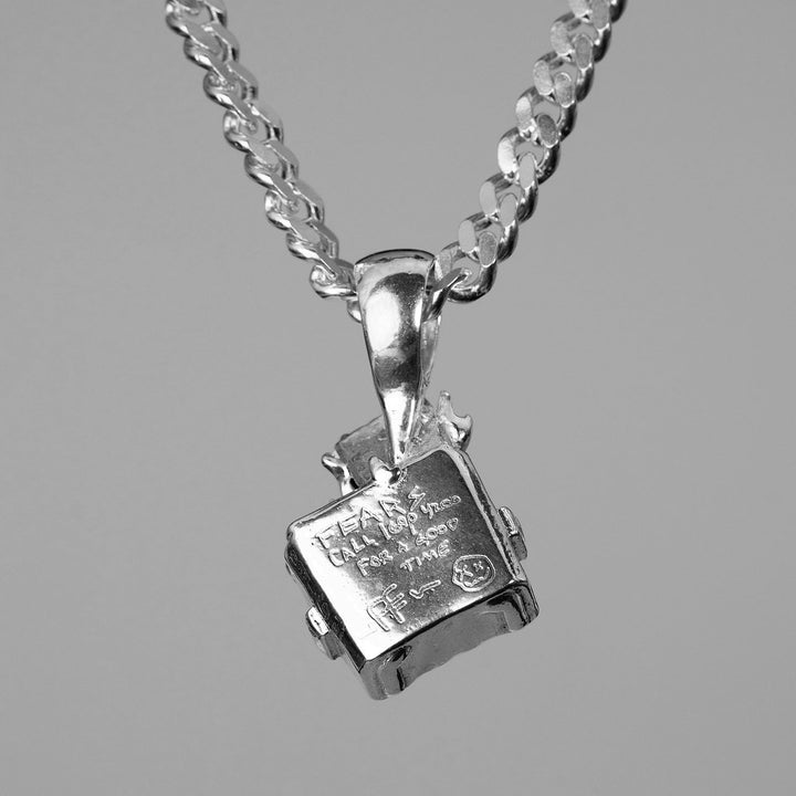 Back Of Sterling Silver Personal Fears Dumpster Fire Pendant