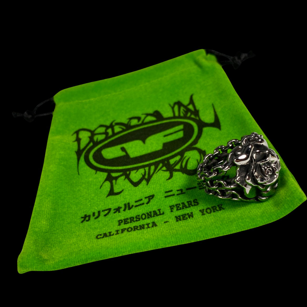 Personal Fears Rose in Chains Ring Green Bag Stainless Steel Jewelry