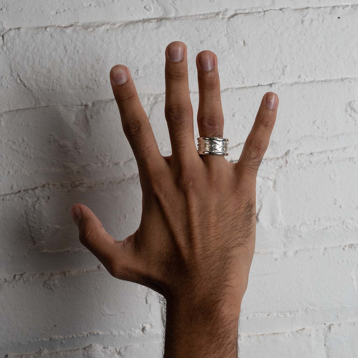 Personal Fears Sterling Silver Diamond Plate Ring on Hand Luxury Jewelry