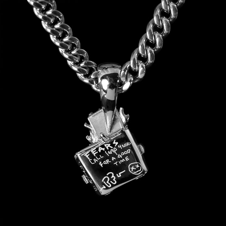 Back Of Personal Fears Dumpster Fire Pendant on 6mm Cuban Chain