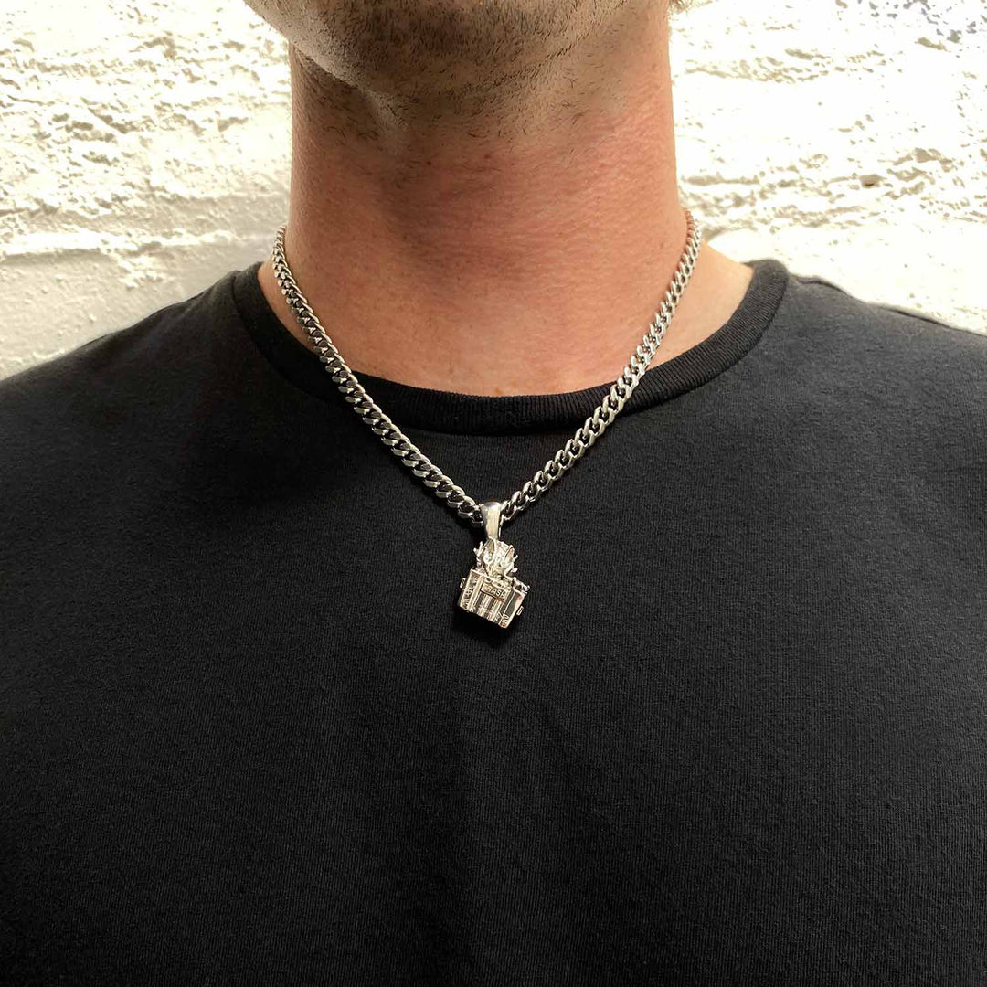 Personal Fears Dumpster Fire Pendant on 6mm Cuban Chain On Body