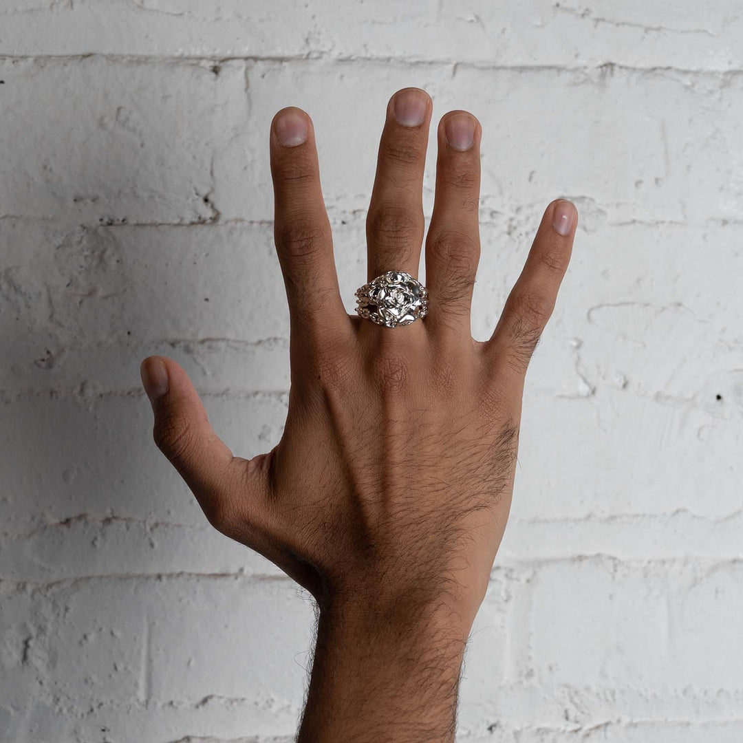 Personal Fears Rose in Chains Ring on Hand Sterling Silver Jewelry