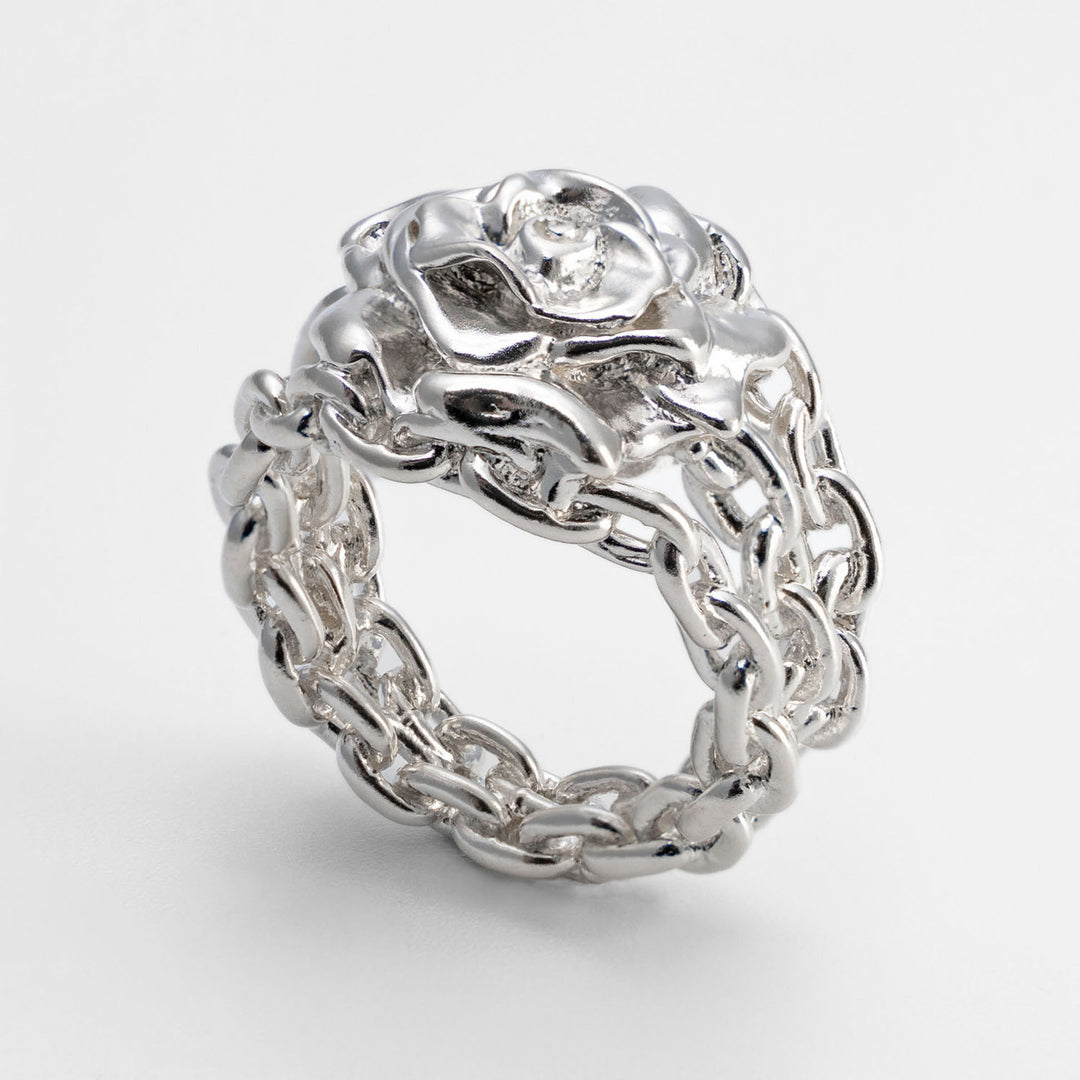 Rose In Chains Ring - Sterling Silver